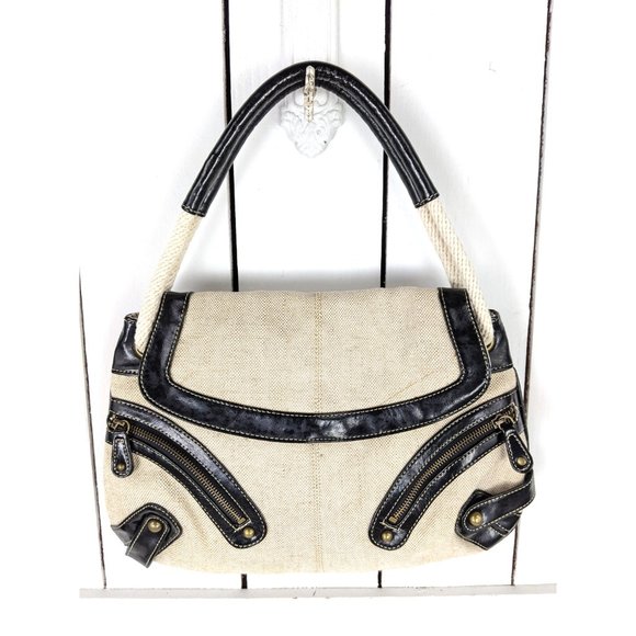 Vintage ivory black twill cotton shoulder rope bag - Picture 2 of 6